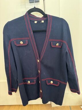Maje Navy Knit Cardigan with Red Trim - Classic Button Front